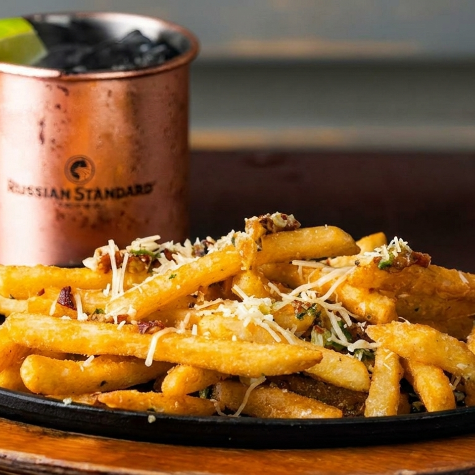 Loaded fries with cheese and herbs on a black plate, next to a copper mug with a lime.