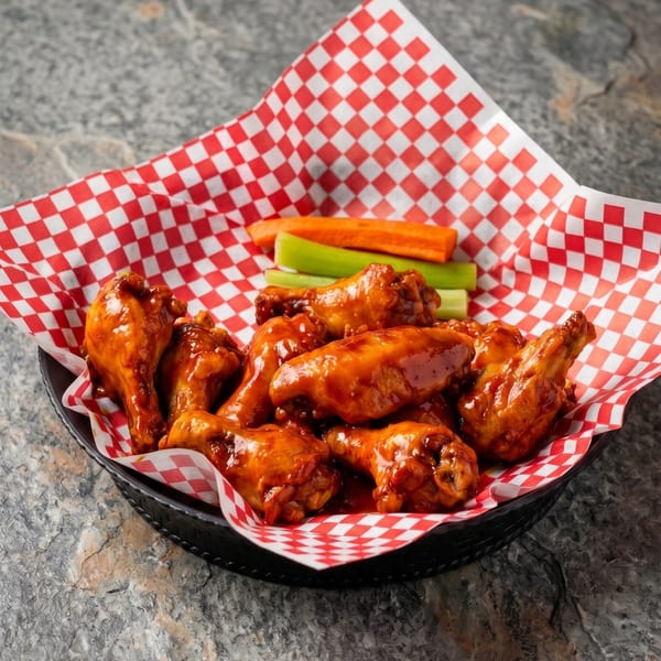 A basket of saucy chicken wings with celery and carrot sticks on red and white checkered paper.