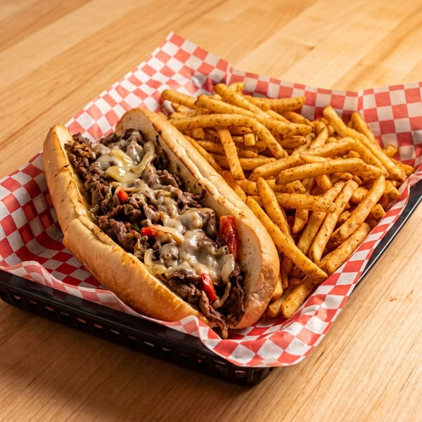 Cheesesteak sandwich with melted cheese, onions, and peppers, served with seasoned fries in a basket.