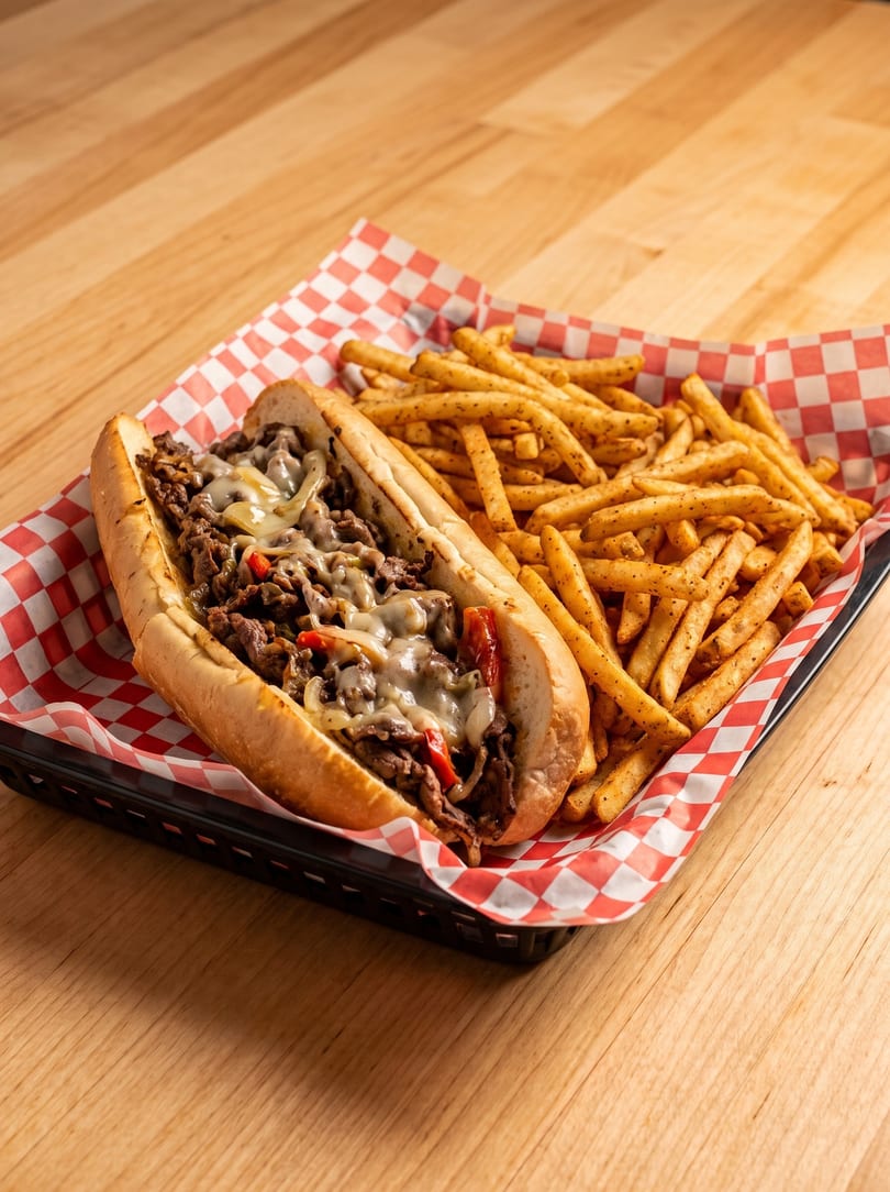 Cheesesteak sandwich with melted cheese, onions, and peppers, served with seasoned fries in a basket.