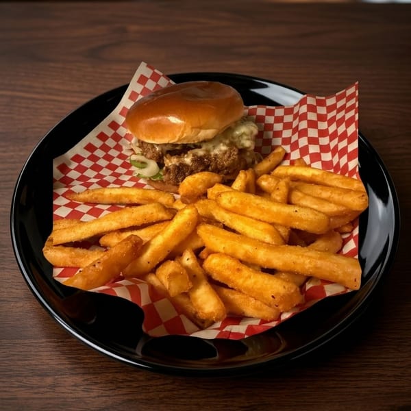 A crispy chicken sandwich with fries on a black plate with red and white checkered paper.