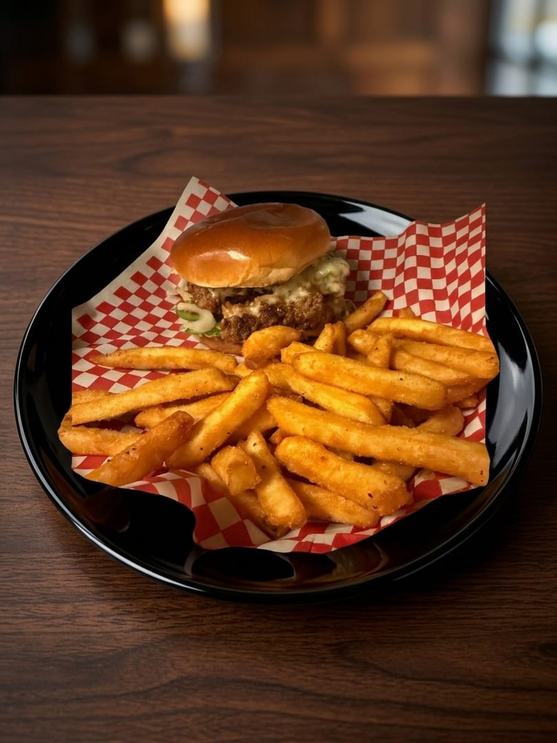 A crispy chicken sandwich with fries on a black plate with red and white checkered paper.