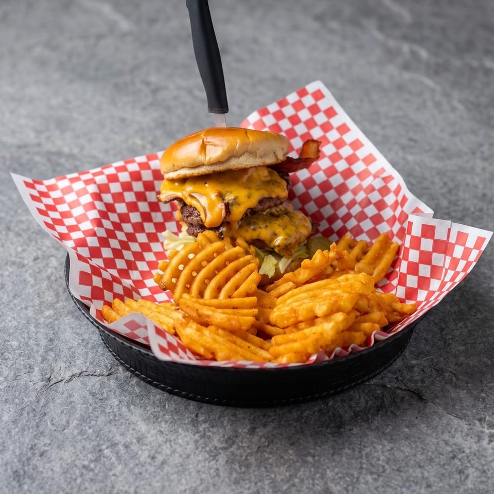 Double cheeseburger with bacon, melted cheese, and waffle fries in a basket with red checkered paper.
