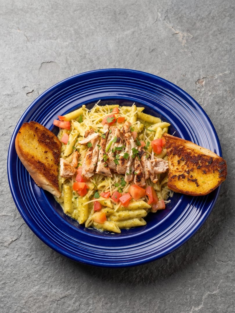 Penne pasta with pesto, grilled chicken, diced tomatoes, and garlic bread on a blue plate.