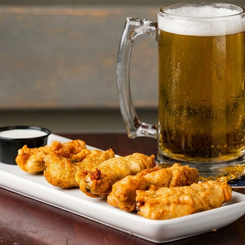 A mug of golden beer with foam next to a plate of fried appetizers and a small cup of dip.