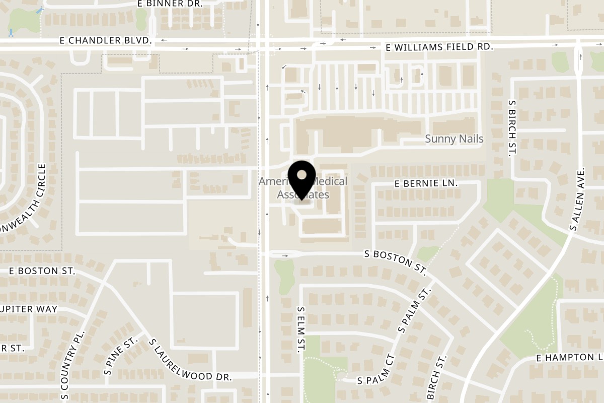 Map showing the location of Copper Still Moonshine Grill on 2531 S Gilbert Rd #101 in Gilbert